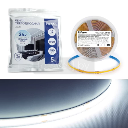 светодиодная лента cob, 480led/m, 12w/m, 24v, ip20, standart plus, белый 6500к, feron