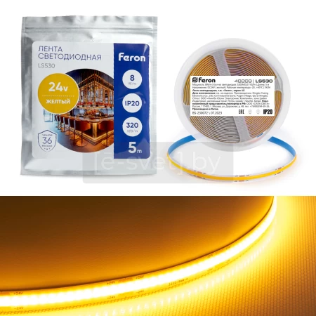 светодиодная лента cob, 320led/m, 8w/m, 24v, ip20, standart plus, жёлтый, feron